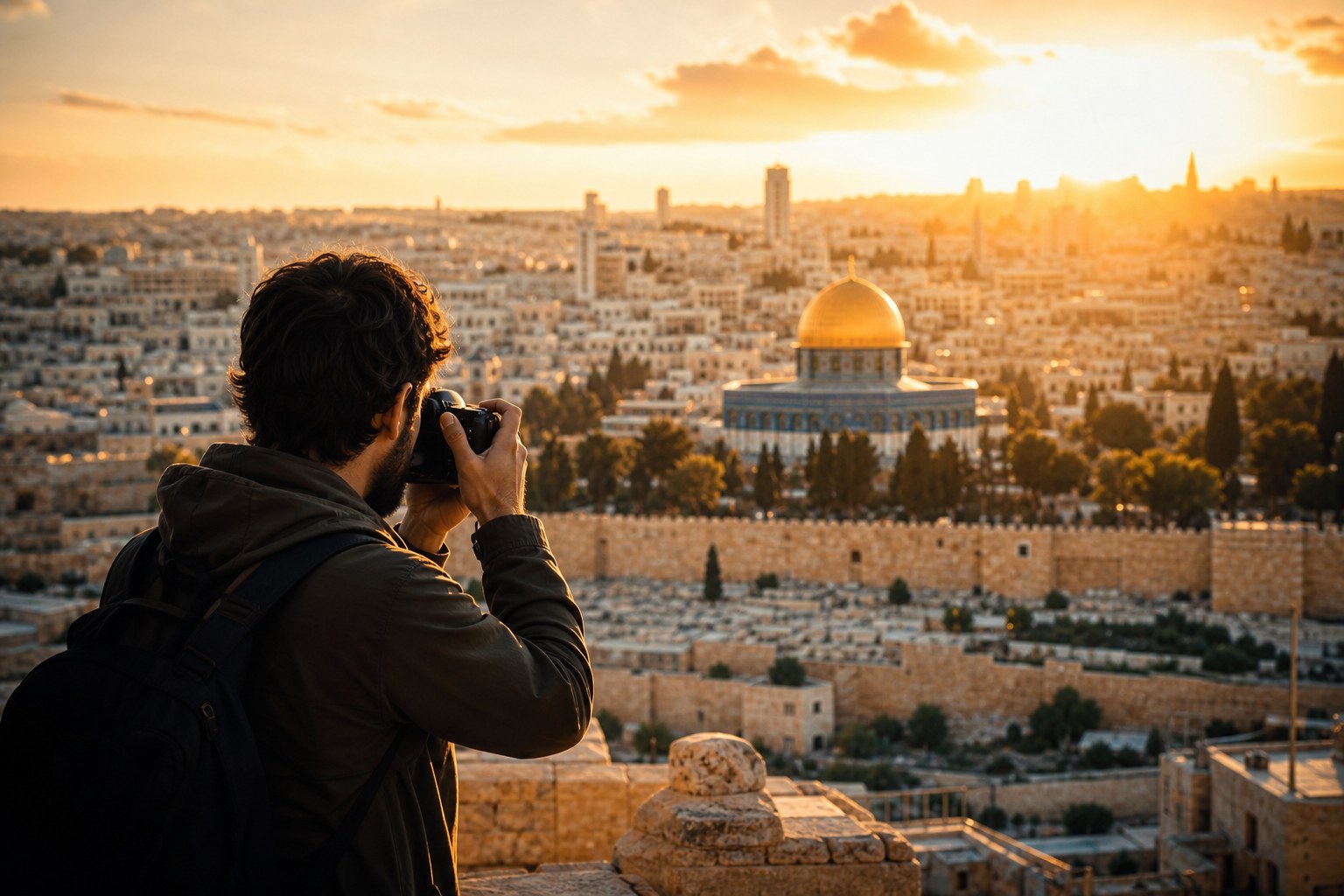 Photographer capturing Jerusalem at golden hour